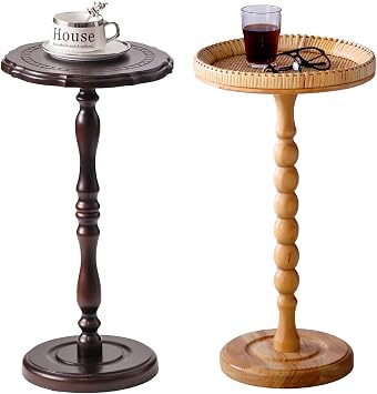 Drink Table,Rattan Round Small Side Table for Small Spaces, Boho Circle End Table Coffee Table with Solid Wood Leg for Living Room