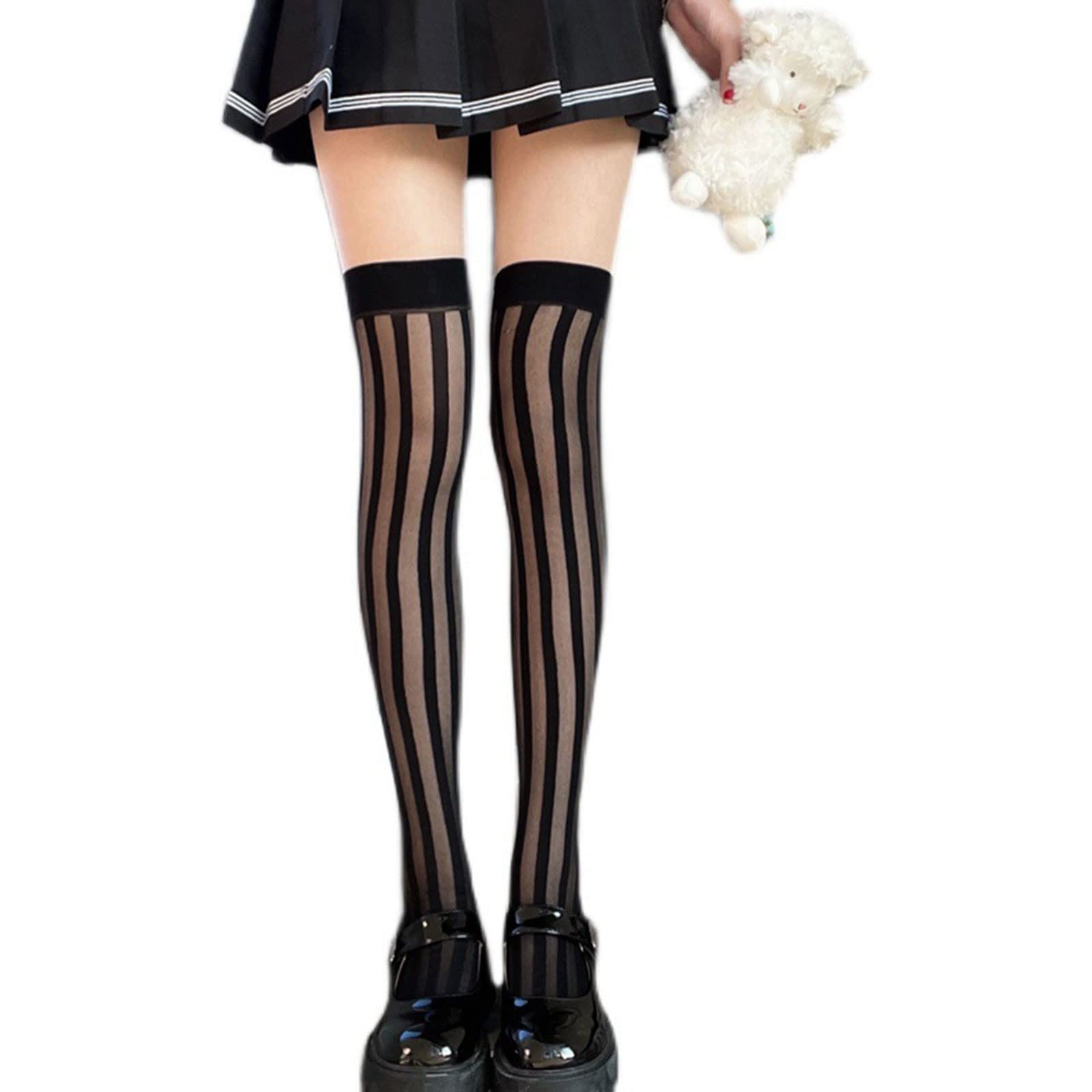 Queenyard Women's Black Over Knee Thigh High Socks Long Tube Leg Warmers Stocking Dark Vertical Stripe Leggings Sock