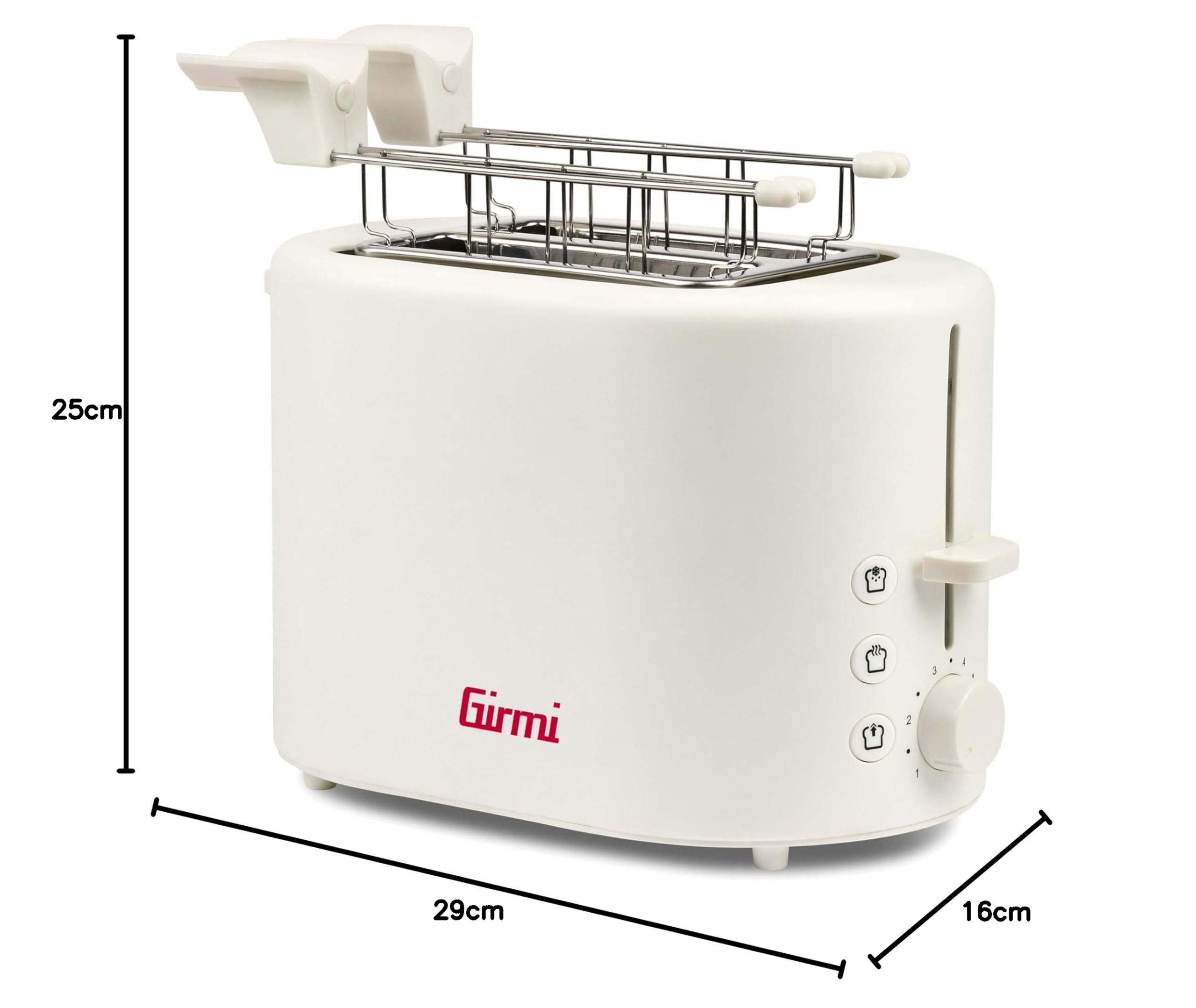 Girmi TP21 Tostapane, 750 W, Pinze Inox per toast farciti, Scalda brioches estraibile, Espulsione automatica, Raccogli briciole, Bianco
