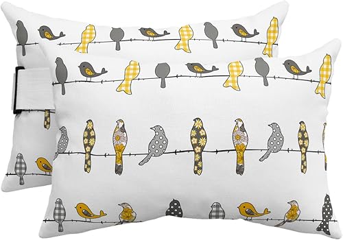Paquete de 2 fundas de almohada lumbares de color amarillo, gris y naranja con pájaros, impermeables, para exteriores, fundas decorativas de colores
