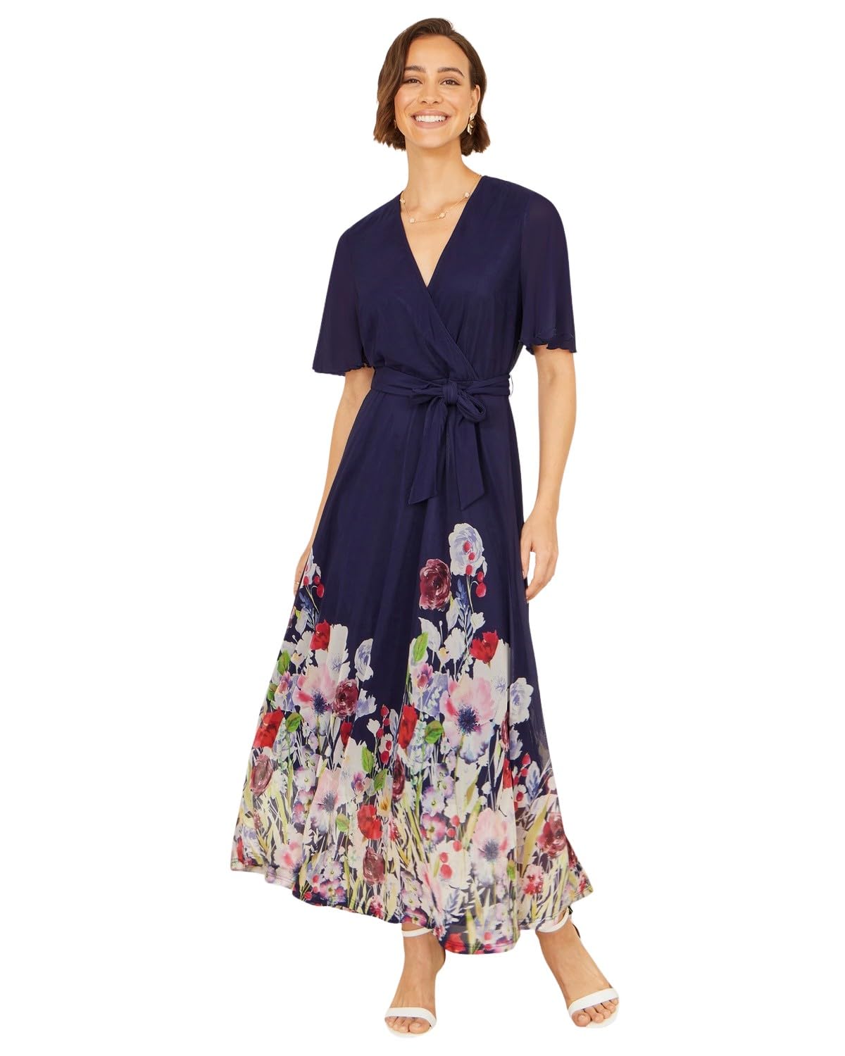 Yumi Navy Mesh Wrap Midi Dress with Floral Hem Border (UK, Numeric, 18, Regular, Regular, Navy)