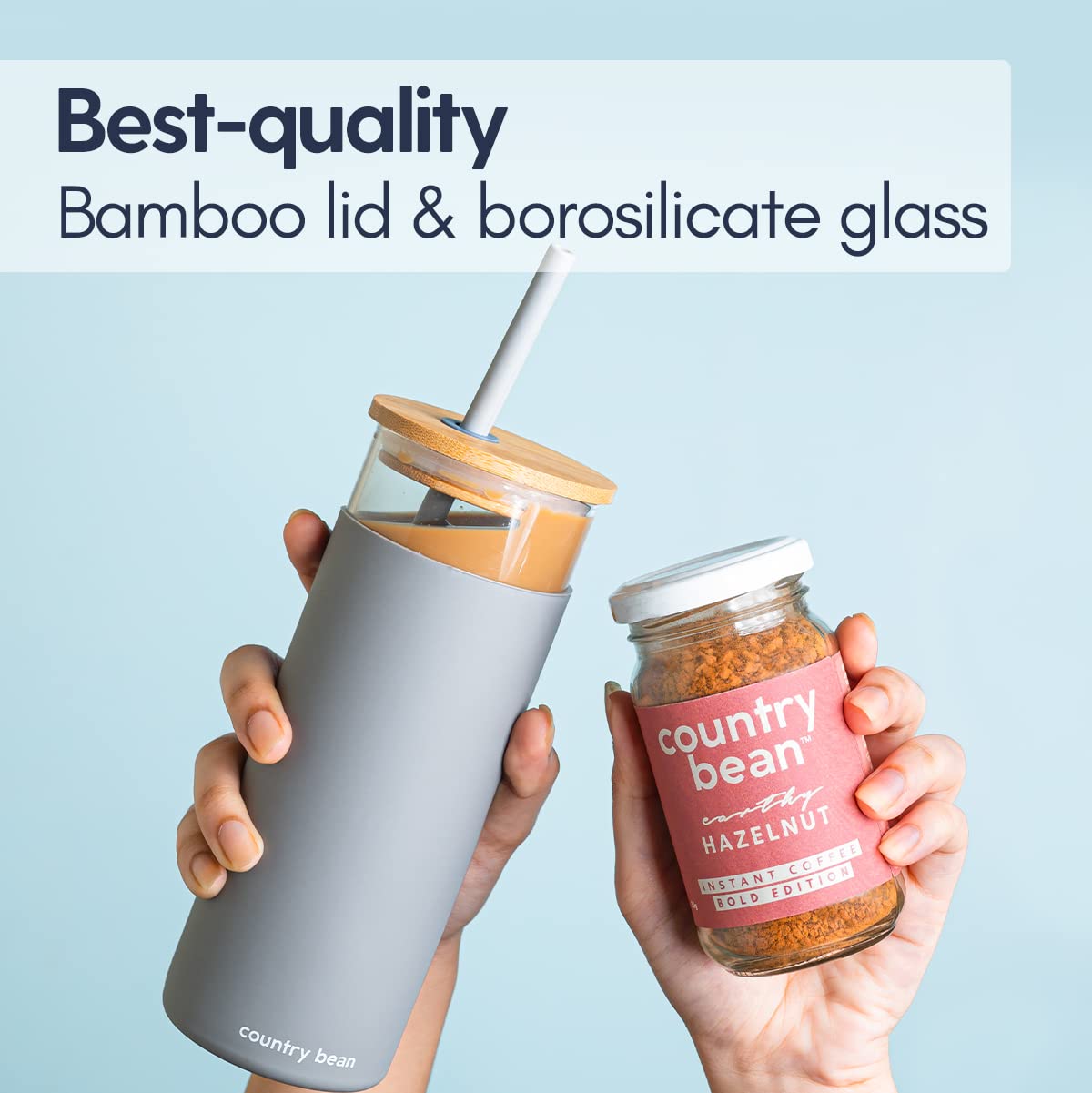 Country Bean Cold coffee bundle of Grey Borosilicate glass tumbler with silicon sleeve 480 ml and Hazelnut flavoured coffee 50g | Enjoy this combo hot or cold 2