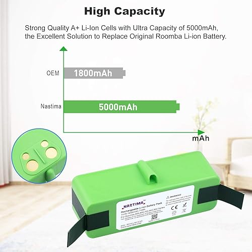 Miniatura 3 de NASTIMA Batería de repuesto de 14.8V 5000mAh compatible con iRobot 960 980 981 970 965 801 805 850 860 877 890 891 895 695 694 690 685 680 677 675