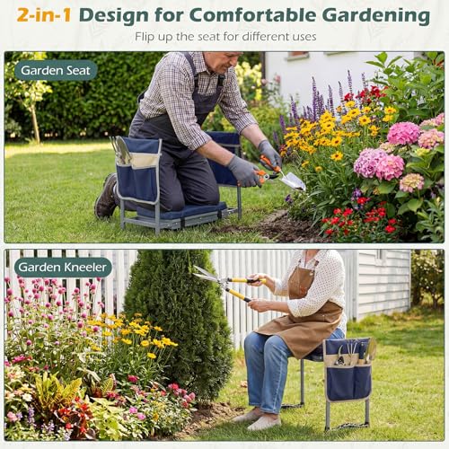 Image of 2-in-1 Garden Kneeler and Seat, Folding Garden Seat w /EVA Foam Kneeling Pad & Removable Tools Pouch, Sturdy Steel Frame, No Assembly, Portable Heavy Duty Garden Stool for Women Men Seniors