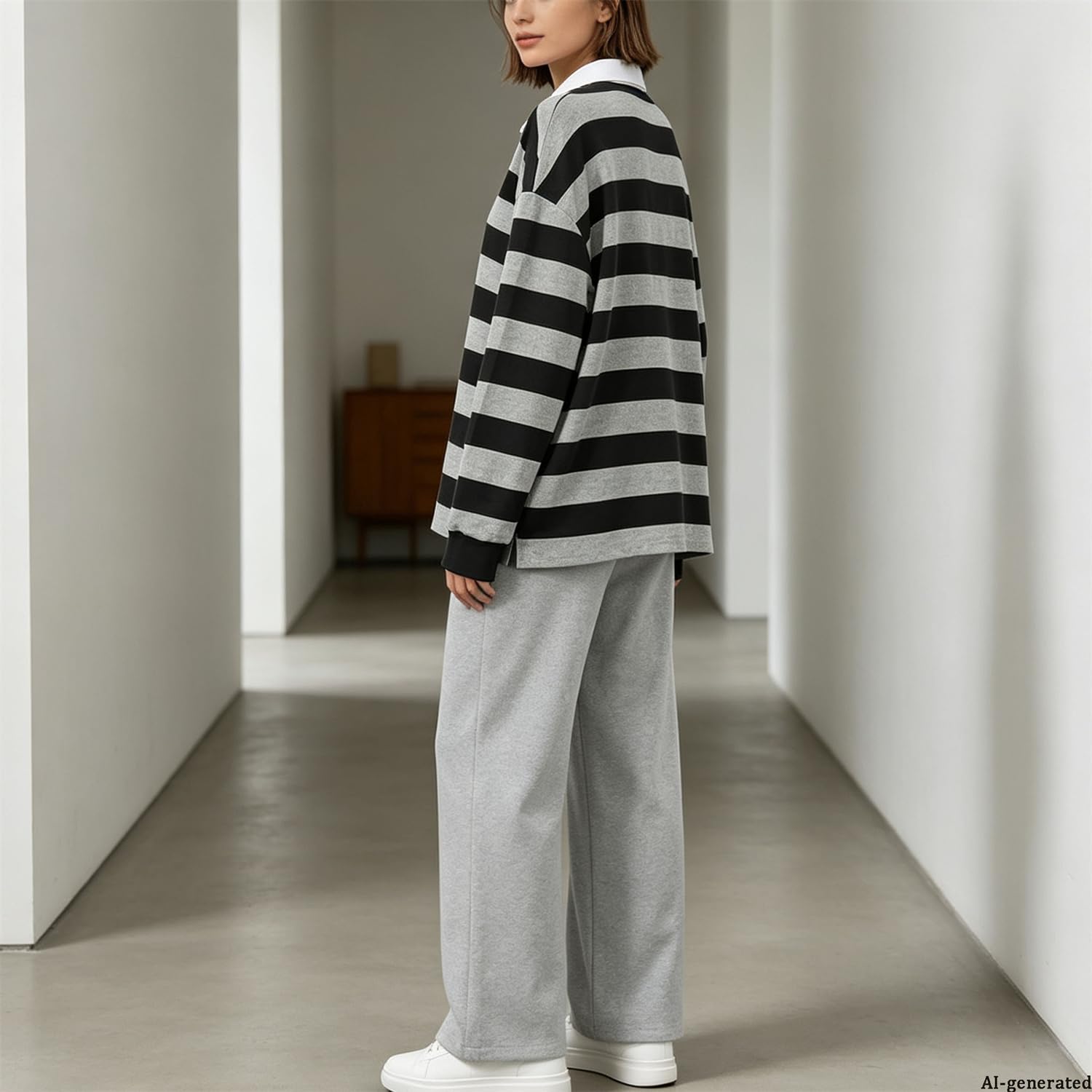 Damskie bluzy oversize kontrastowe paski z długim rękawem i kołnierzem | Damskie koszulki polo z długim rękawem, klapa z dekoltem w serek sweter top Y2k Streetwear na wiosnę i jesień