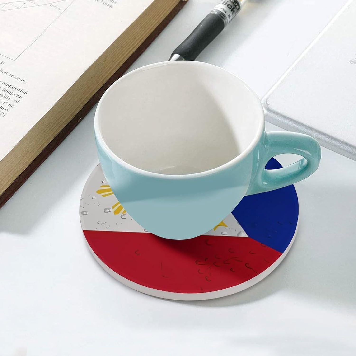 Philippines Flag with Water Drop Round Ceramic Coasters for Drinks Absorbent Cup Holder Tabletop Protector with Cork Base
