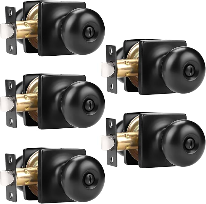 GOBEKOR 5 Pack Matte Black Privacy Door Knobs Stainless Steel Keyless