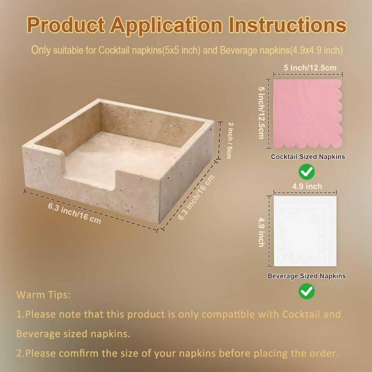 Cocktail Napkin Holder,Travertine Stone Napkin Holders Fit for 5”x5” Cocktail-Sized Napkins,Stone Napkin Holder for Table Kitchen Counter Dining Room Party Bar Decor,Beige