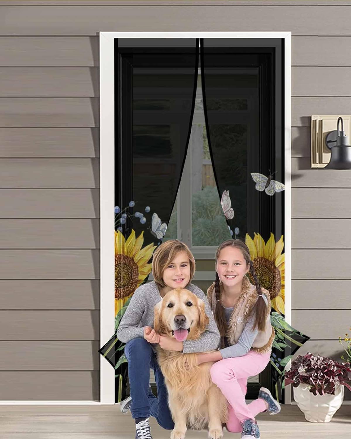Screen Door 38"x83" Oil Painting Sunflower Park Butterfly Door Screen Magnetic Closure, Black Hands Free Magnetic Screen Door for Single/Sliding/Front Door