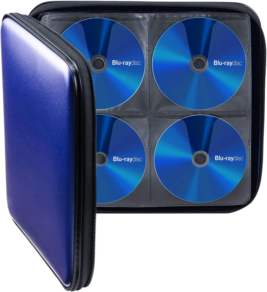 SANWA 160 Capacity CD Case, Large CD Sleeves, Portable DVD VCD Storage Box, Portable Zipper Bag, EVA Protective Blu-ray Wallet with Handle, for Car, Home, Office, Games Disc, Audio Music, Blue