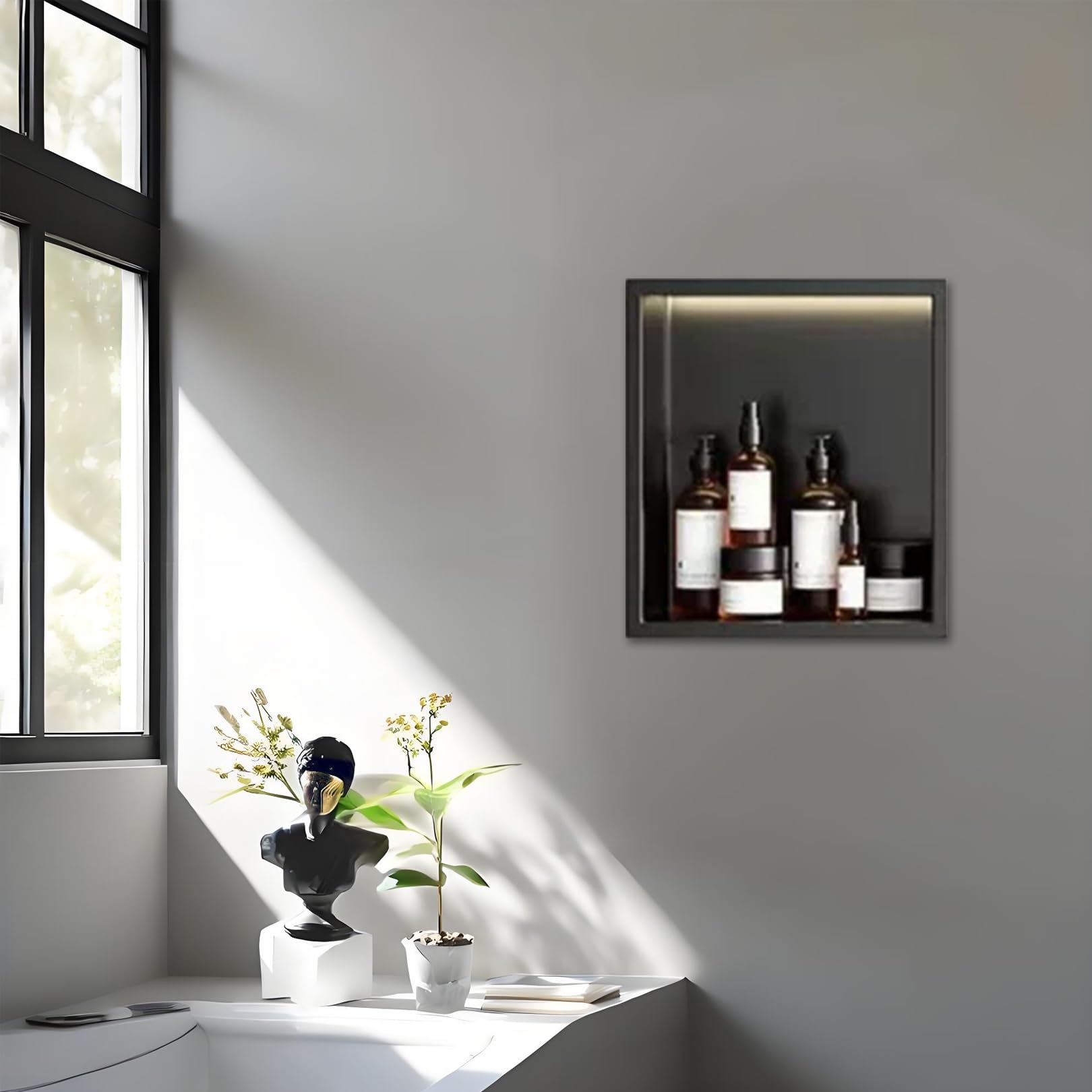 QUSYZD Recessed Led Shower Niche, Black Wall Niche Stainless Steel No Tile Needed Bathroom Storage for Shower Wall,Black,32x32cm,Black-32x32cm