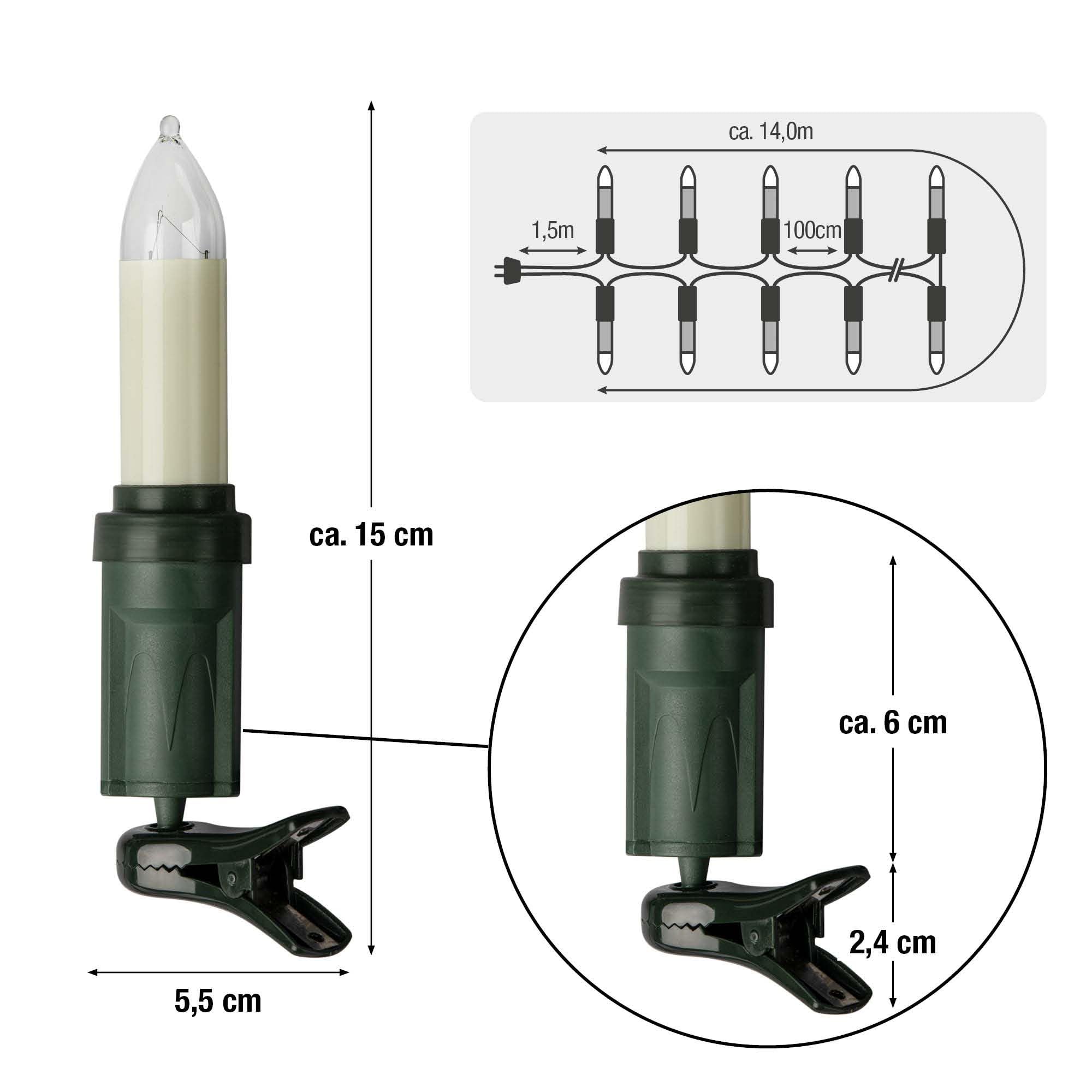 hellum Lichterkette Weihnachtsbaum, 15 Weihnachtsbaum Kerzen weiß mit Clip, Weihnachtsbeleuchtung außen, Lichterkette außen warmweiß 14,0 m beleuchtet, Kabelfarbe schwarz < 59 Lumen 530926