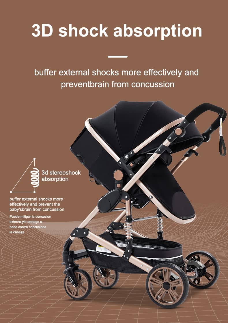 YAZOCO 3 in 1 Kinderwagen Kombikinderwagen komplettset Zusammenklappbar baby kinderwagen incl Babywanne & Buggy Sportsitz & Fußsack & Moskitonetze (Schwarz und Gold)