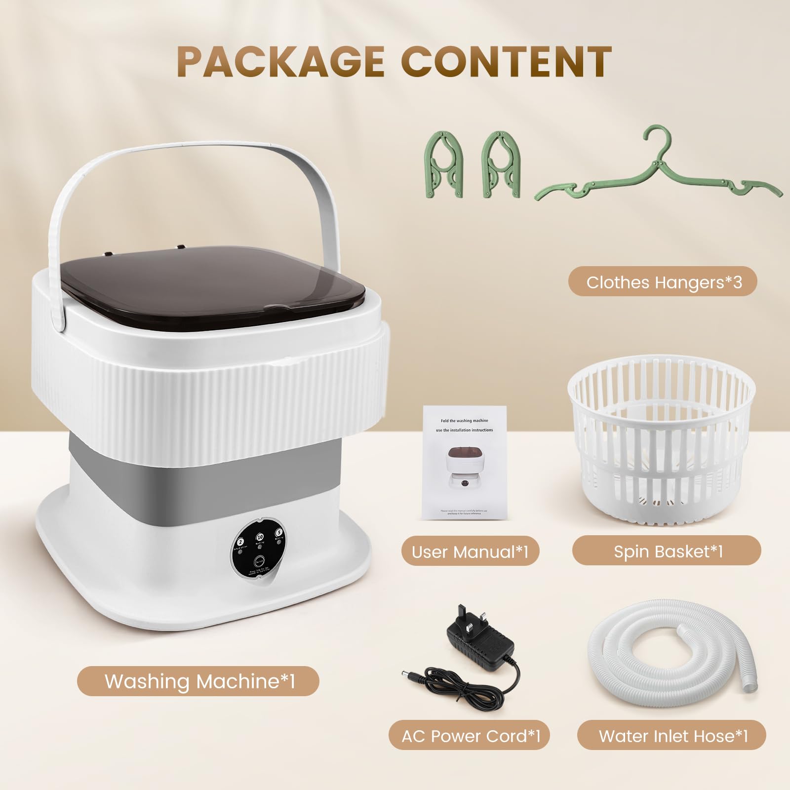 Portable Washing Machine,11L Mini Travel Washing Machine, Integrated Washing & Dehydration, 45db Low Noise, with 1 Spin Basket, 3 Clothes Hangers, Ideal for Lingeries, Briefs, Baby Clothes (Grey) - 2