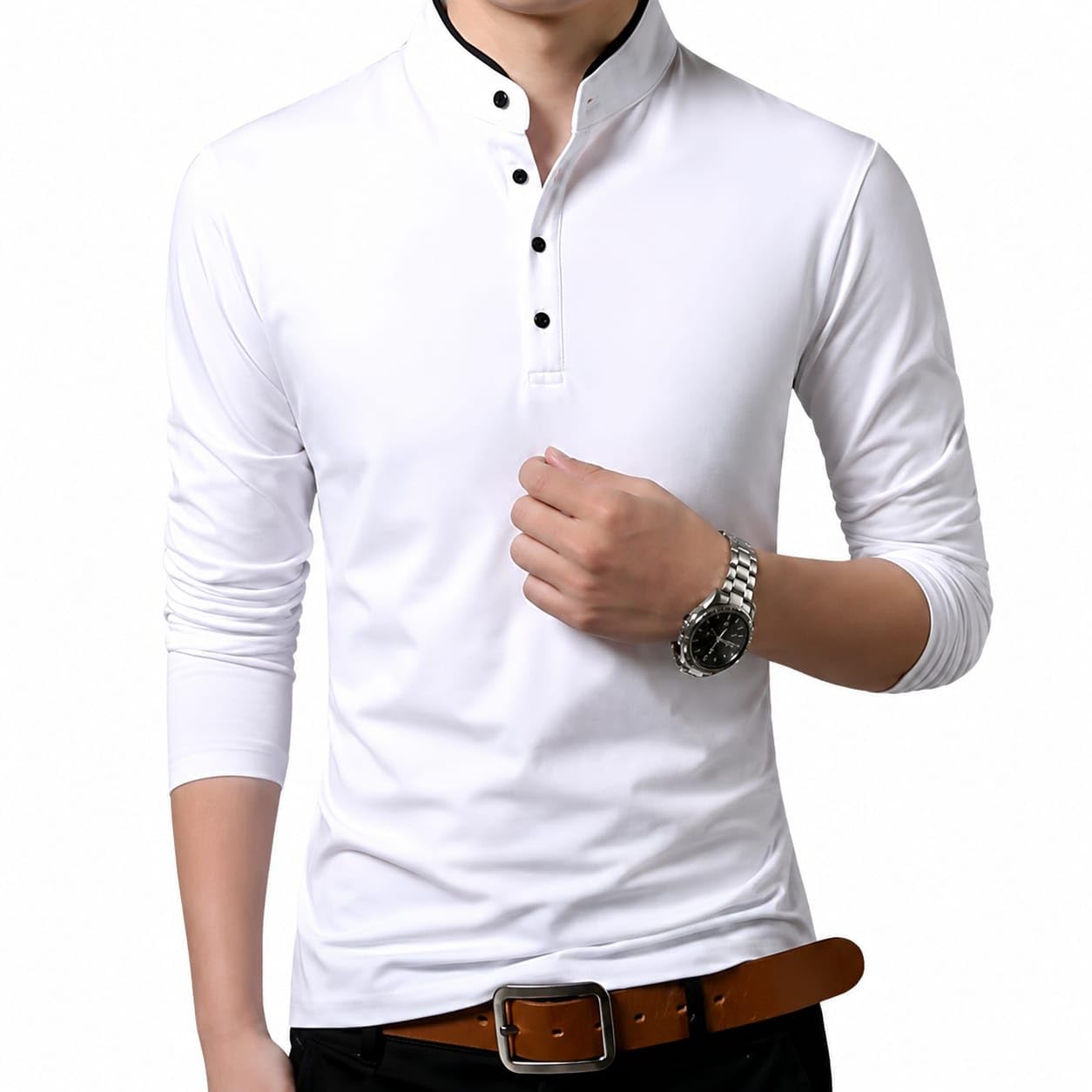 Men Solid Mandarin Collar Polyester Full Sleeve T-Shirt White | Regular Fit, Casual Wear, Office & Travel Use, Everyday Comfort, Stylish Design-image-47