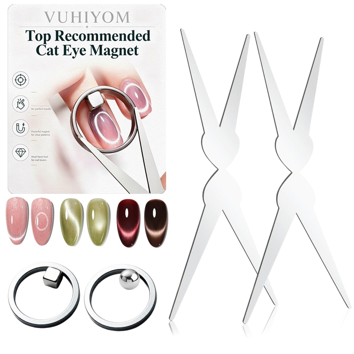 Circle Cat Eye Magnet Ring Magnet for Nails Rotating Strong Round Double Head French Heart U Shaped Glass Bead Tool Set Polish Gel Art Professional Curing Lamp Horseshoe Manicure Design(SET-C#)