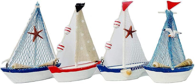 Attraction Design Wooden Sailboat Model Set of 4, 4.3"H Sail Boat Decor Display with Fish Net Starfish Seashell Accents White Beach Nautical Theme Decor