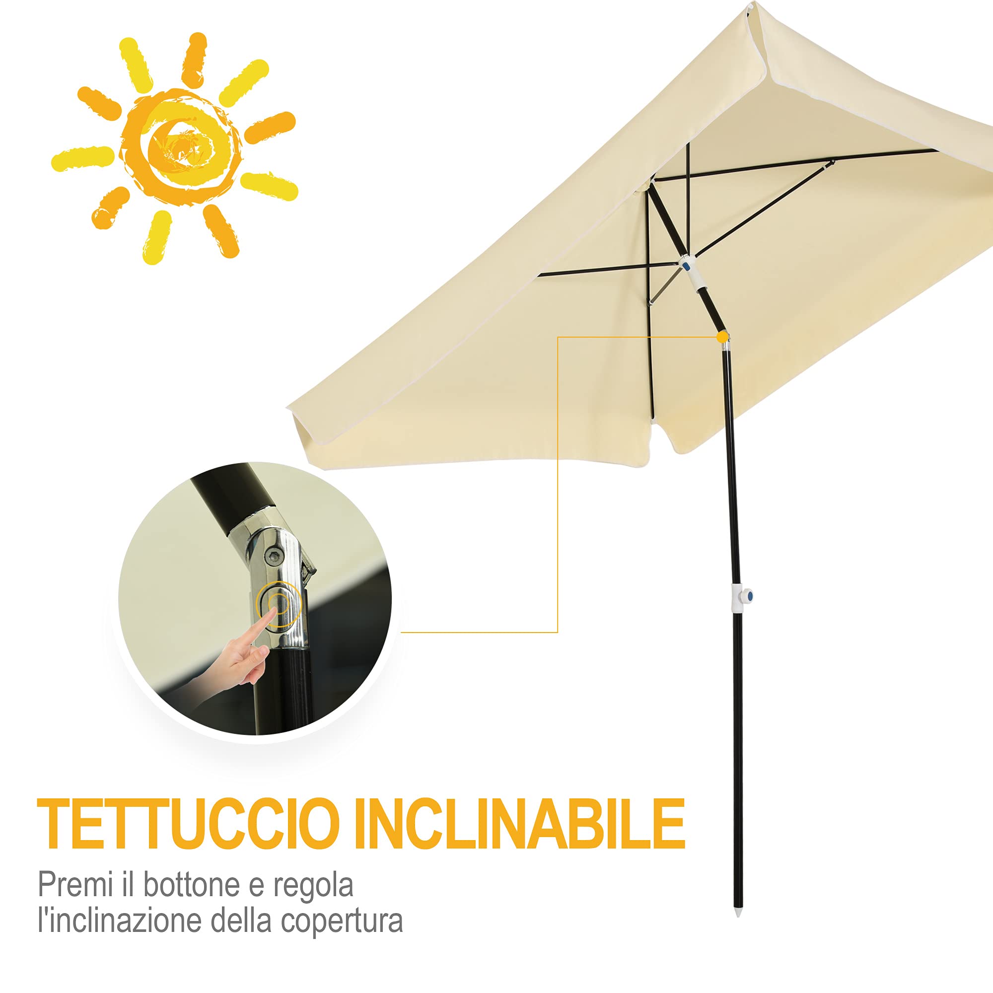Outsunny Ombrellone 2x2m da Esterno con Tettuccio Regolabile Quadrato Crema | per Terrazza e Giardino, Portatile, in Metallo e Poliestere