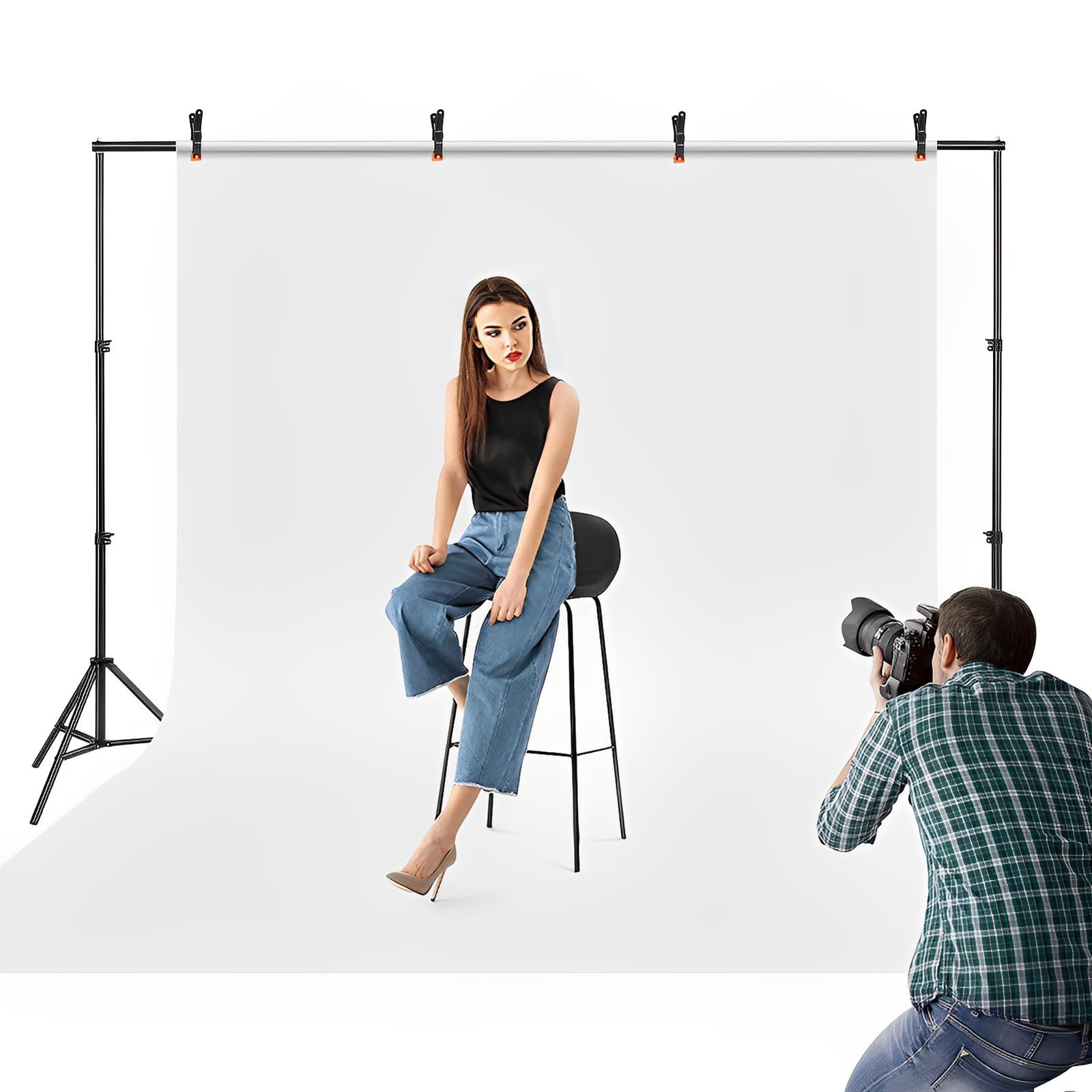 Support de Fond Photo 2 x 2 m réglable Kit Studio Photo Portable avec Toile de Fond, 4 Pinces et Sac de Transport Fond Blanc, Fond Noir, Fond Vert pour Studio, photobooth, Portrait, vidéo