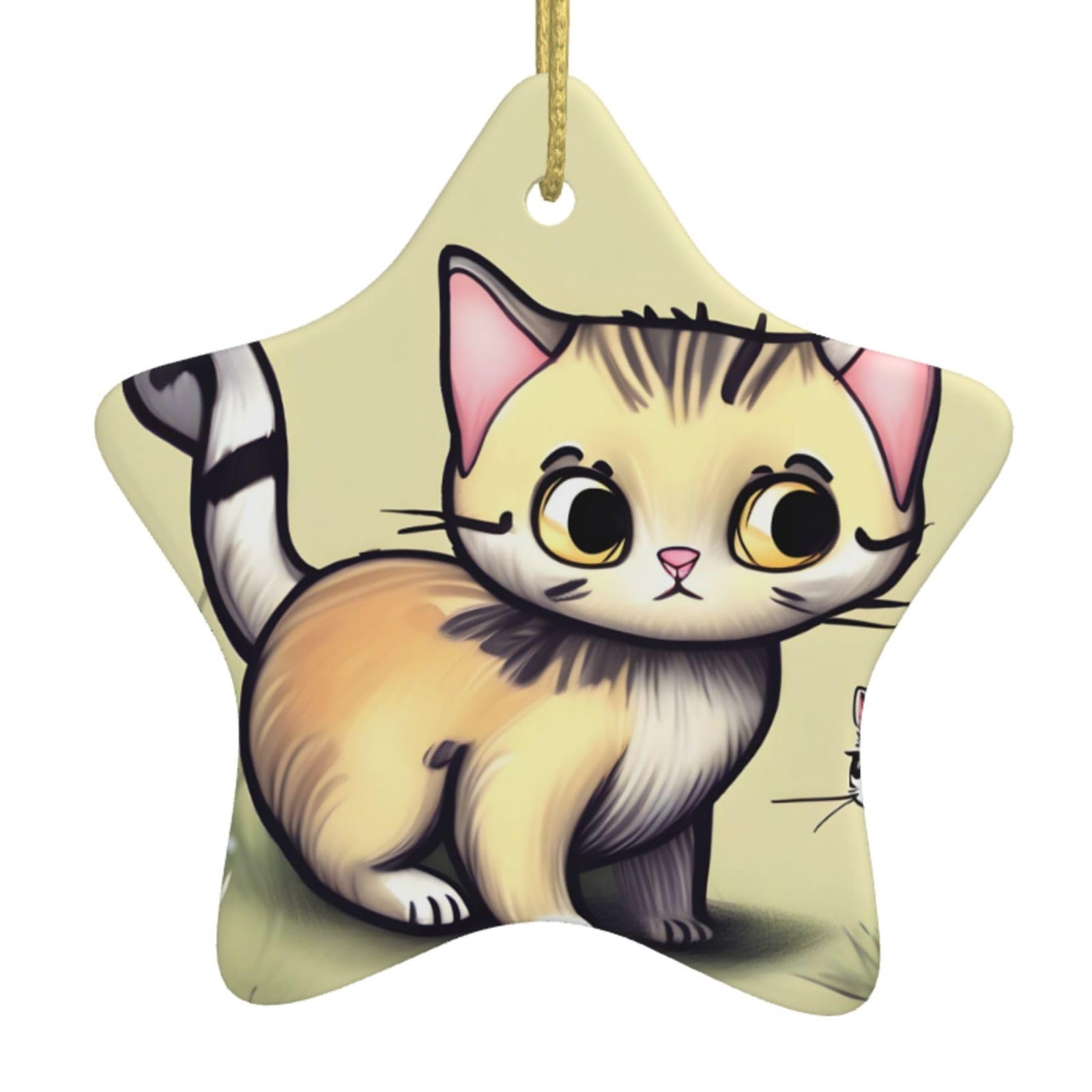 Cat and Butterfly Christmas Ceramic Star Pendant with Punched Holes and Gold Wire Rope, Christmas Tree Home Decoration