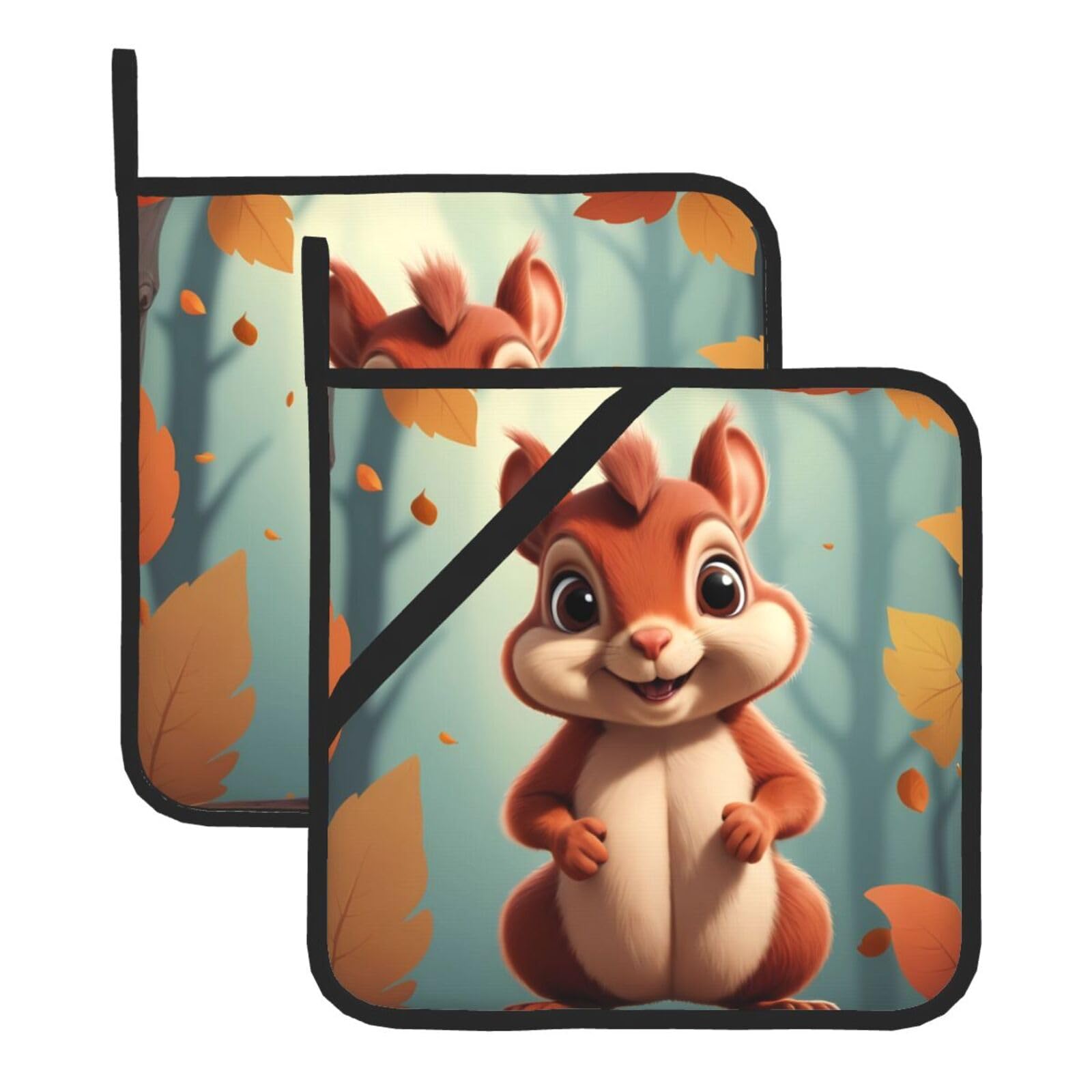 HJFCZH Funny Squirrel Printed Square Insulated Pot Mat Set (2-Piece) 8x8in Waterproof, Thickened & Easy to Clean with Lanyard Design for Kitchen, Oven & BBQ