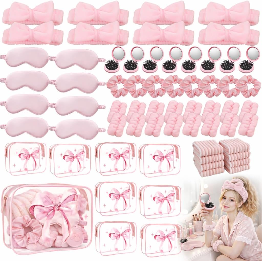 Yebo 64 Pcs Pink Bow Spa Party Favors for Women and Girls, 8 Set Sleepover Spa Party Supplies with Sleep Eye Mask, Wristband, Scrunchie, Bow Headband, Mirror, Hair Comb and Gift Bags