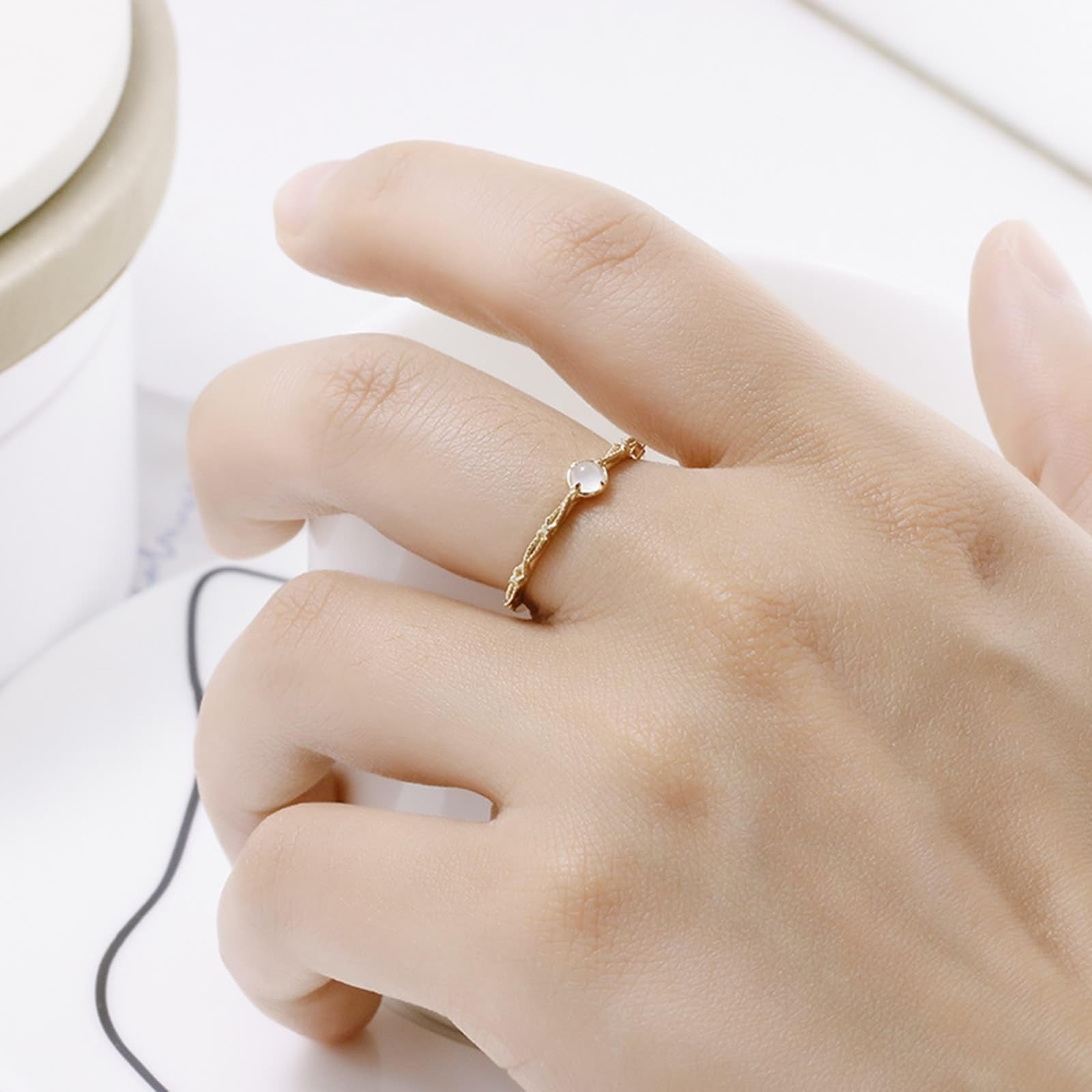 Anillo solitario Au 375/585/750, oro auténtico con piedra lunar, alianzas de boda solitarias