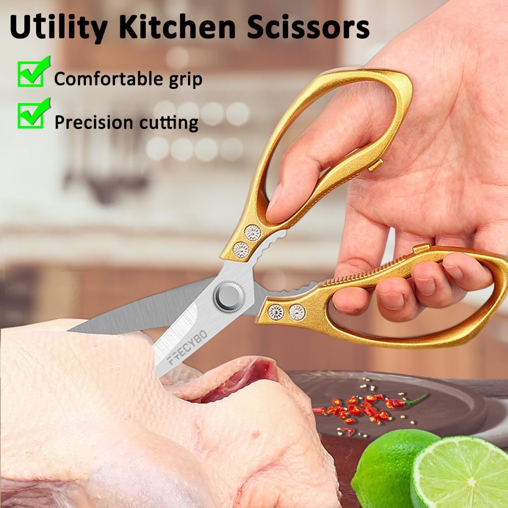 Kitchen Scissors, 2-Pack Multipurpose Kitchen Shears with Comfort Grip, Stainless Steel Cooking Scissors for Cutting Chicken, Meat, Food, Fish, Bread (Golden)