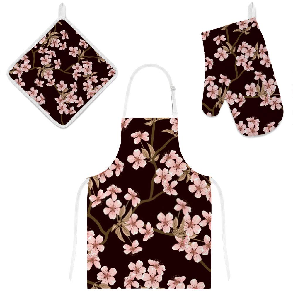 Tablier de cuisine 3 pièces avec gants et maniques motif fleurs de cerisier rose