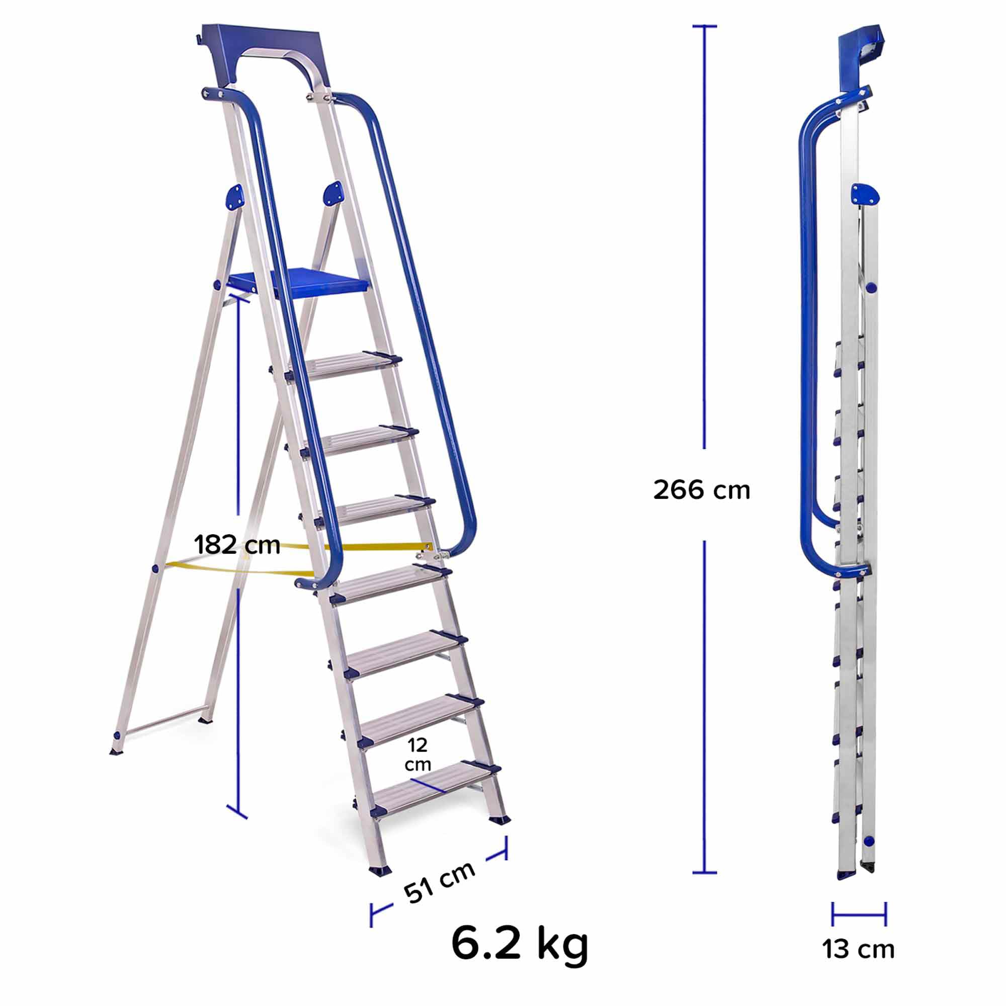 HOSTRÖM Secure Pro 8-Stufen-Stehleiter, verstärktes Aluminium, Sicherheitsgeländer, Werkzeugablage, Plattformhöhe 182 cm, 5 Jahre Garantie
