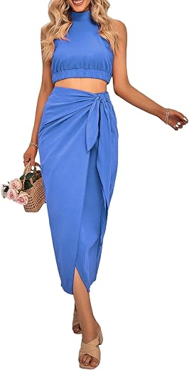 CFLONGE Women's 2 Piece Outfits Casual Sleeveless Halter Crop Top and Draped Ruched Skirt Solid Set for Cocktail Party, Bl...