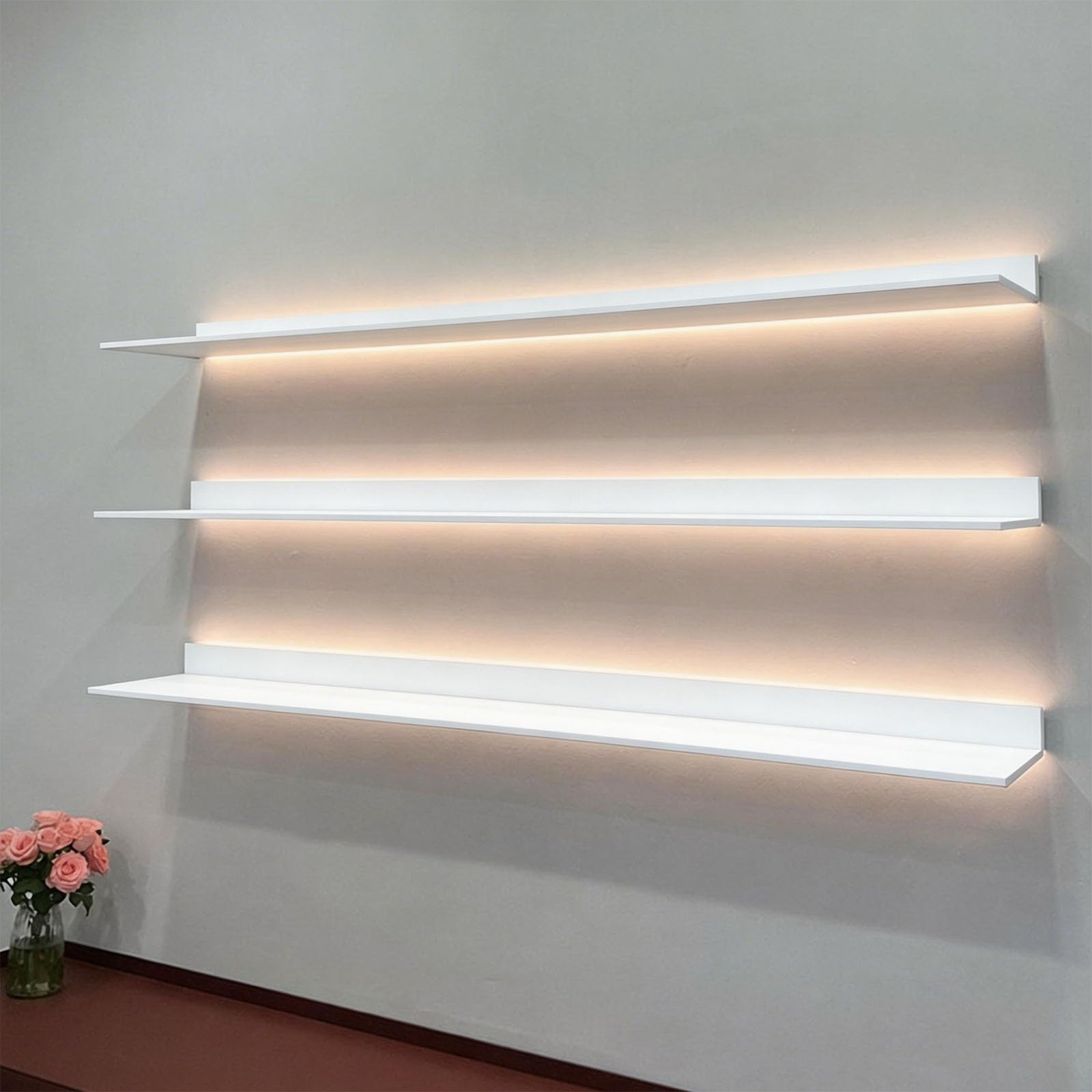 Mensole galleggianti a LED da parete, in metallo resistente, con luci, 60 cm, colore bianco, per soggiorno, cucina, bagno, decorazione elegante e funzionale