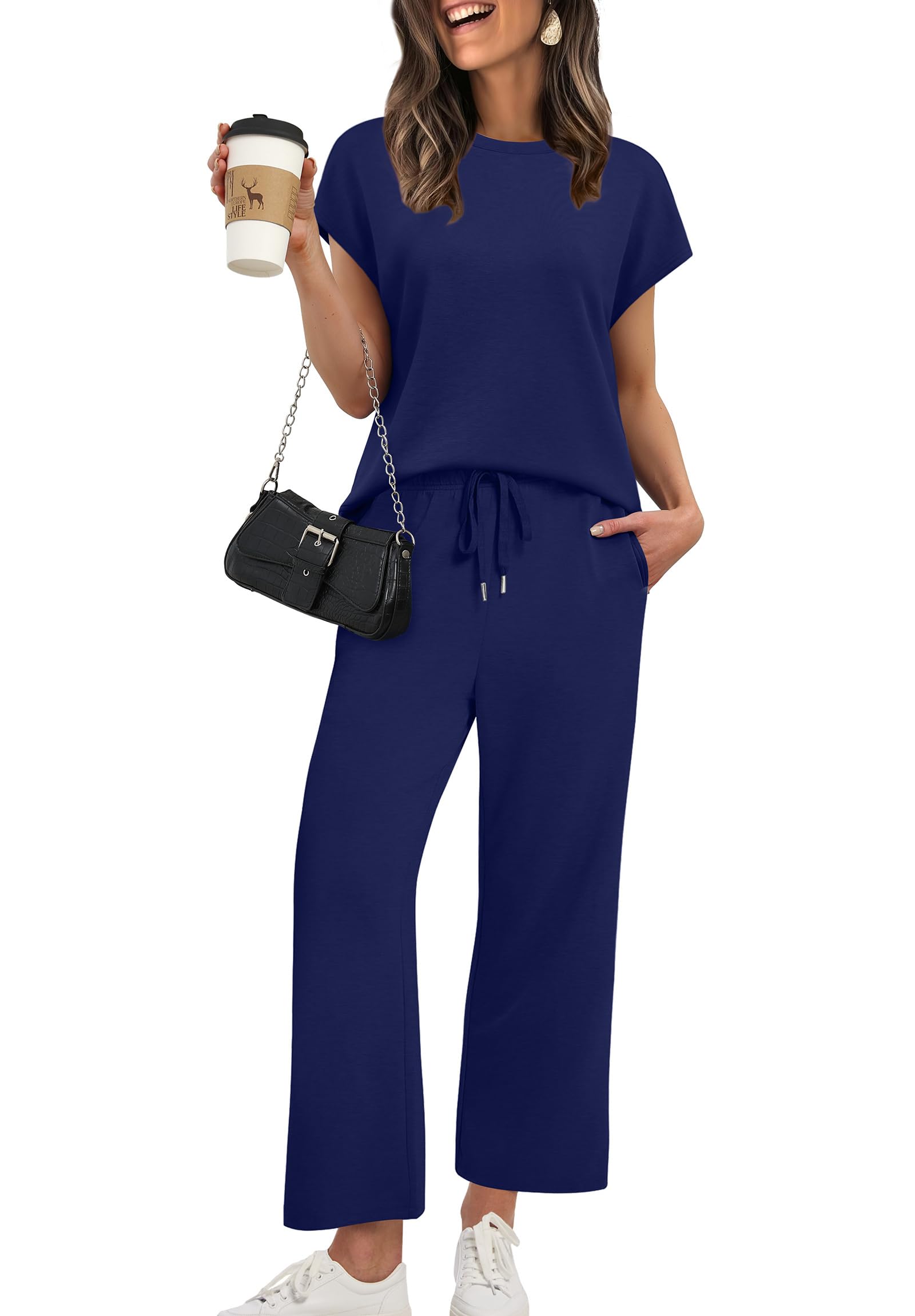 XIEERDUO Womens Cap Sleeve Lounge Sets 2 Piece Travel Outfits Airport Tracksuits Wide Leg Loungewear S-3XL