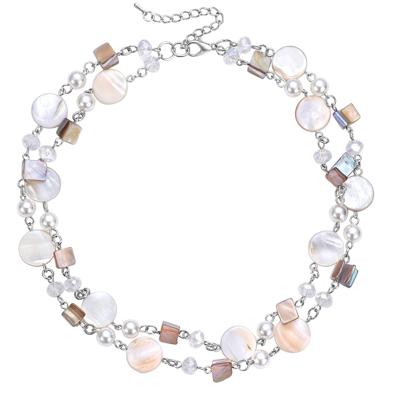 FULU AUTUMNShort Shell Beaded Layered Necklace Silver Pearl Chunky Statement Necklace Turquoise Costume Jewellery for Women Mothers Day Gift