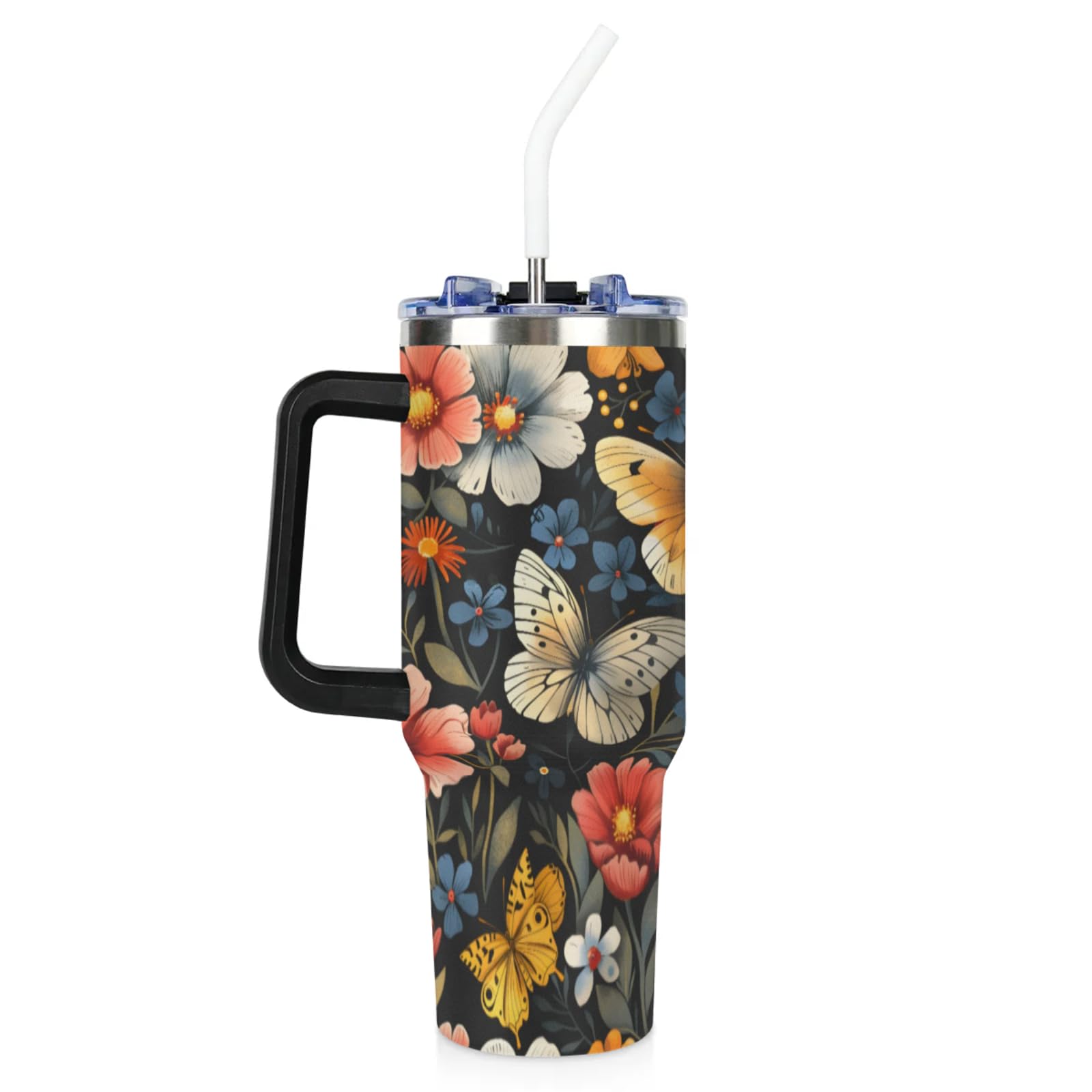 KOBLEN Black Butterfly Floral 40 oz Stainless Steel Tumbler with Handle and Leakproof Straw Lid, Insulated Travel Mug Tumbler for Hot Cold Drinks for