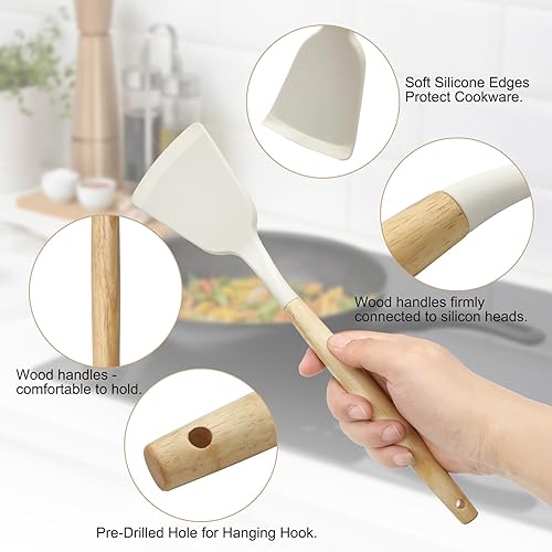 Miniatura 5 de Juego de 12 utensilios de cocina, utensilios de cocina de silicona con mango de madera antideslizante y cubo organizador, juego de utensilios de