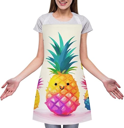 Miniatura 3 de MUSM Apron for Adults - 27.6 X 31.5 Inch, Heavy-Duty Polyester Aprons with Two Large Pockets, Waterproof Rainbow Pineapple Cartoon Kitchen Apron for