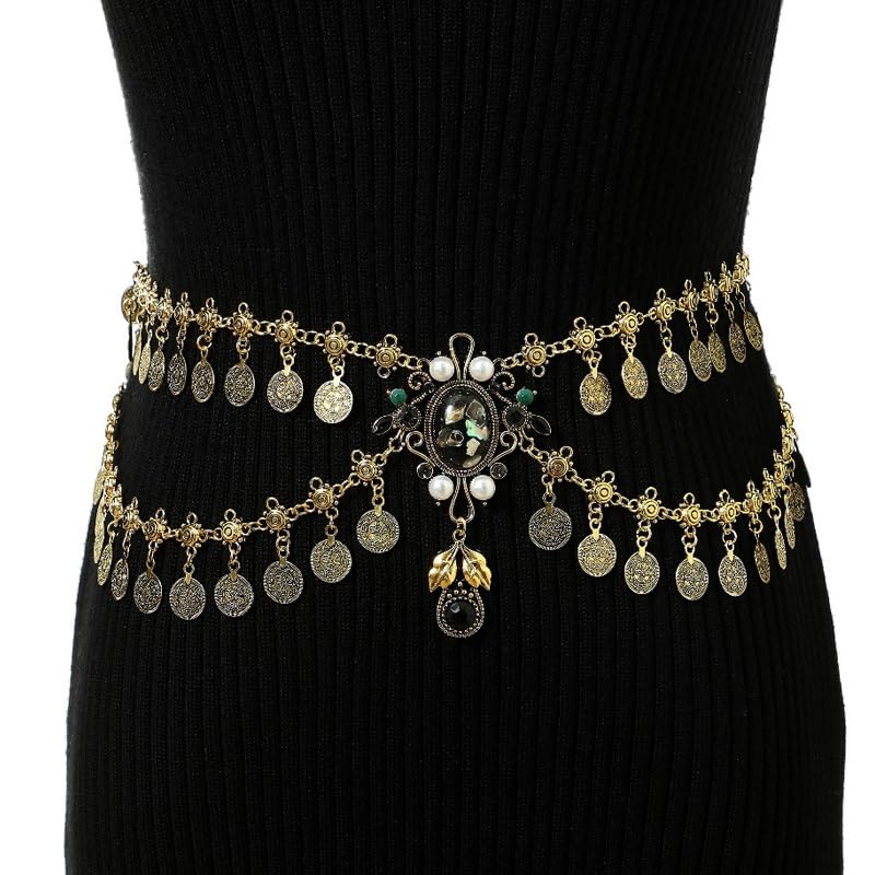 1 Piece Elegant Bohemian Alloy Coin Tassel Waist Chain Belt for Women - Golden-Toned with Pearls & Billboard Button Accents, Fitting Casual Outings, Evening Dates, Beach, Parties & Festivals4