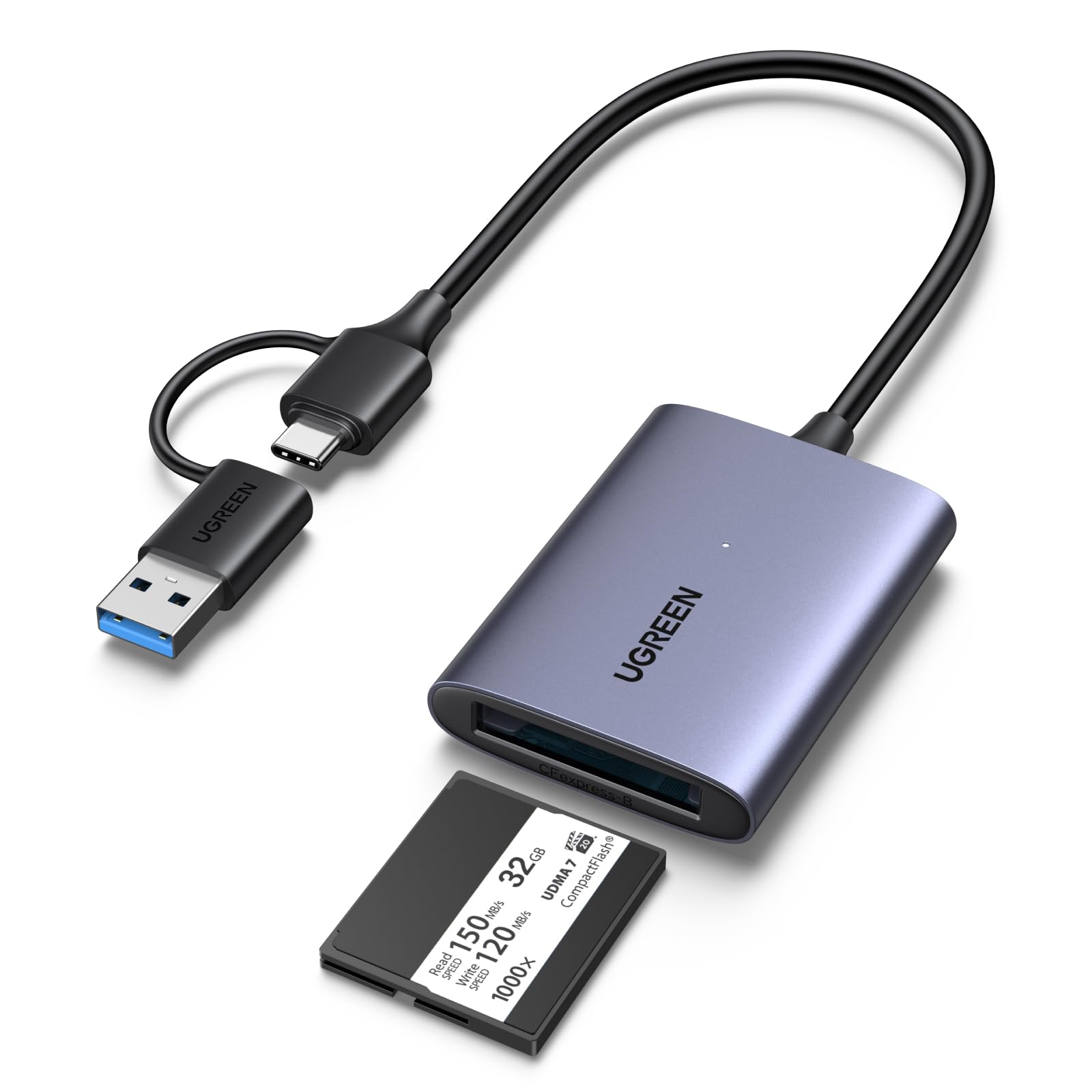 UGREEN Lecteur de Carte CFexpress Type B USB A et USB C 3.2 Gen 2 Mâle 10Gbps Adaptateur Carte Mémoire CFe Type B 1250MB/s Théorique Compatible avec MacBook iPad Pro Air iPhone 17 Air Pro Max 16