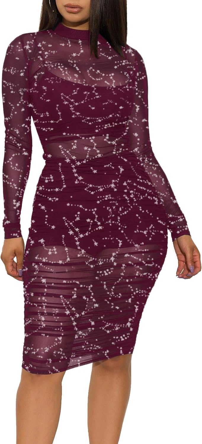 LYANER Women's Mesh Dress Long Sleeve Bodycon 3 Piece Outfits with Cami Shorts