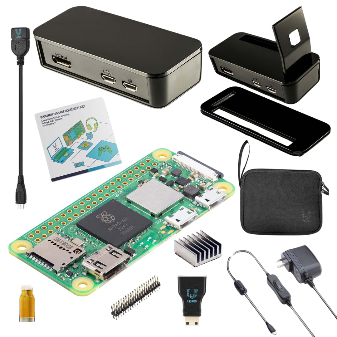Vilros Raspberry Pi Zero 2 W Basic Starter Kit with Muti Purpose Case -Incudes Pi Zero 2 W Board, Multi Use Case, Power Supply, HDMI-USB Adapters and More (Black)