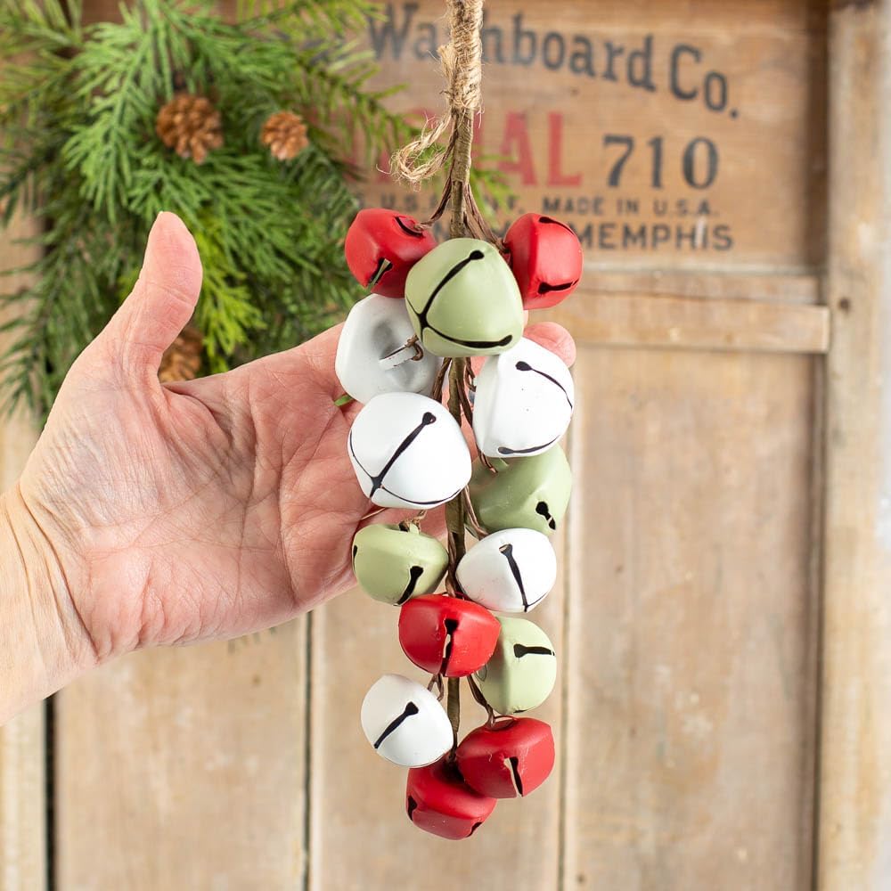 Set of 2 Red Green and White Bell Door Hangers by Factory Direct Craft - Hanging Bells for Rustic Christmas Decorating and Farmhouse Decor - 10-1/2 Inches Long
