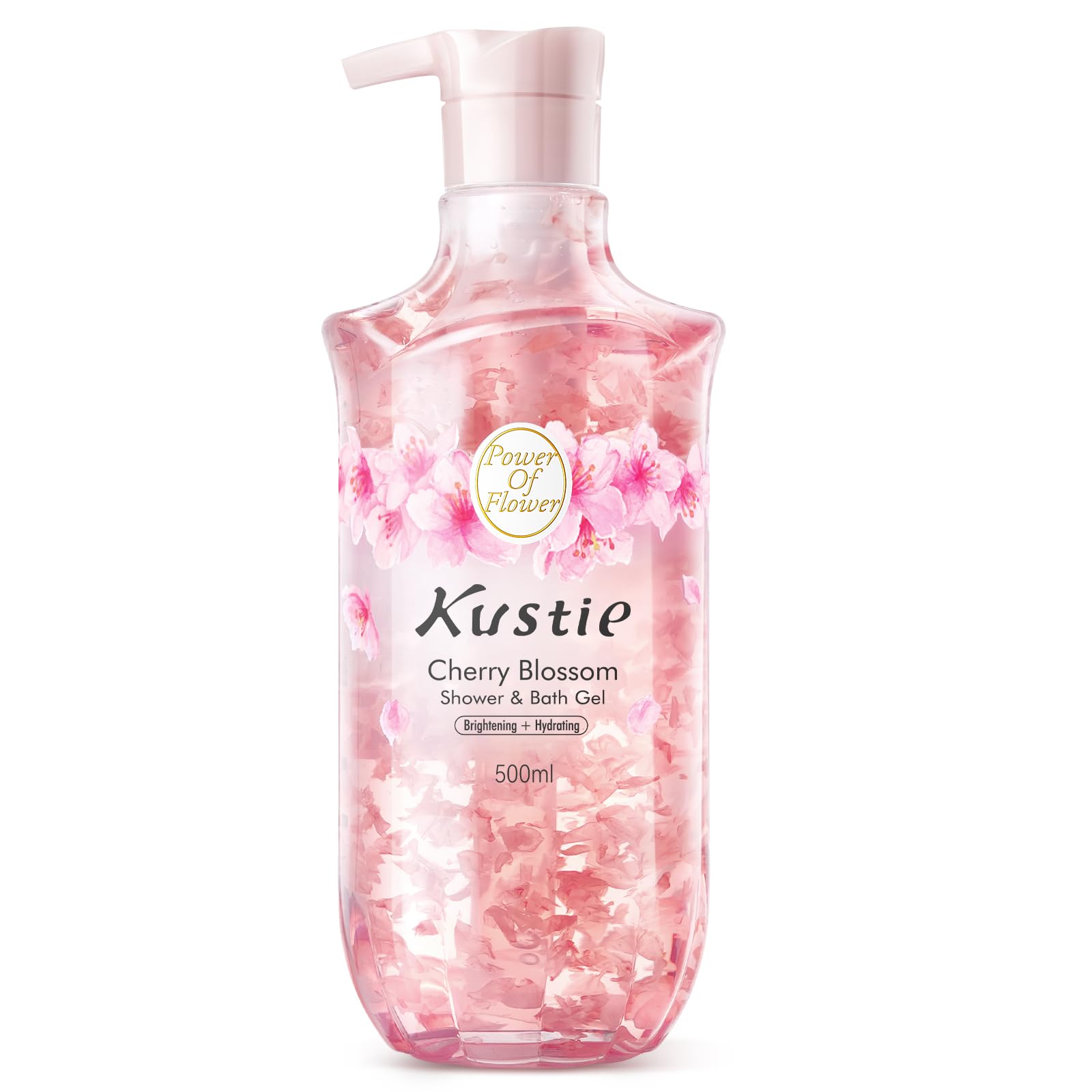 Kustie Cherry Blossom Brightening Body Wash with Real Flower Petals & Niacinamide – Hydrating Perfume Antioxidants-Rich Shower Gel, Amino Acids & Long-Lasting 24H Floral Fragrance, 16.9 Fl Oz