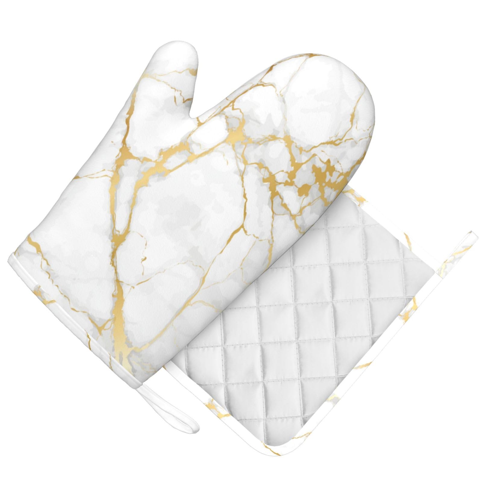 Juego de manoplas de horno y soportes para ollas, accesorios de cocina de color oro blanco, guantes de silicona antideslizantes resistentes al calor para cocina, cocina, hornear, barbacoa (oro blanco) 2