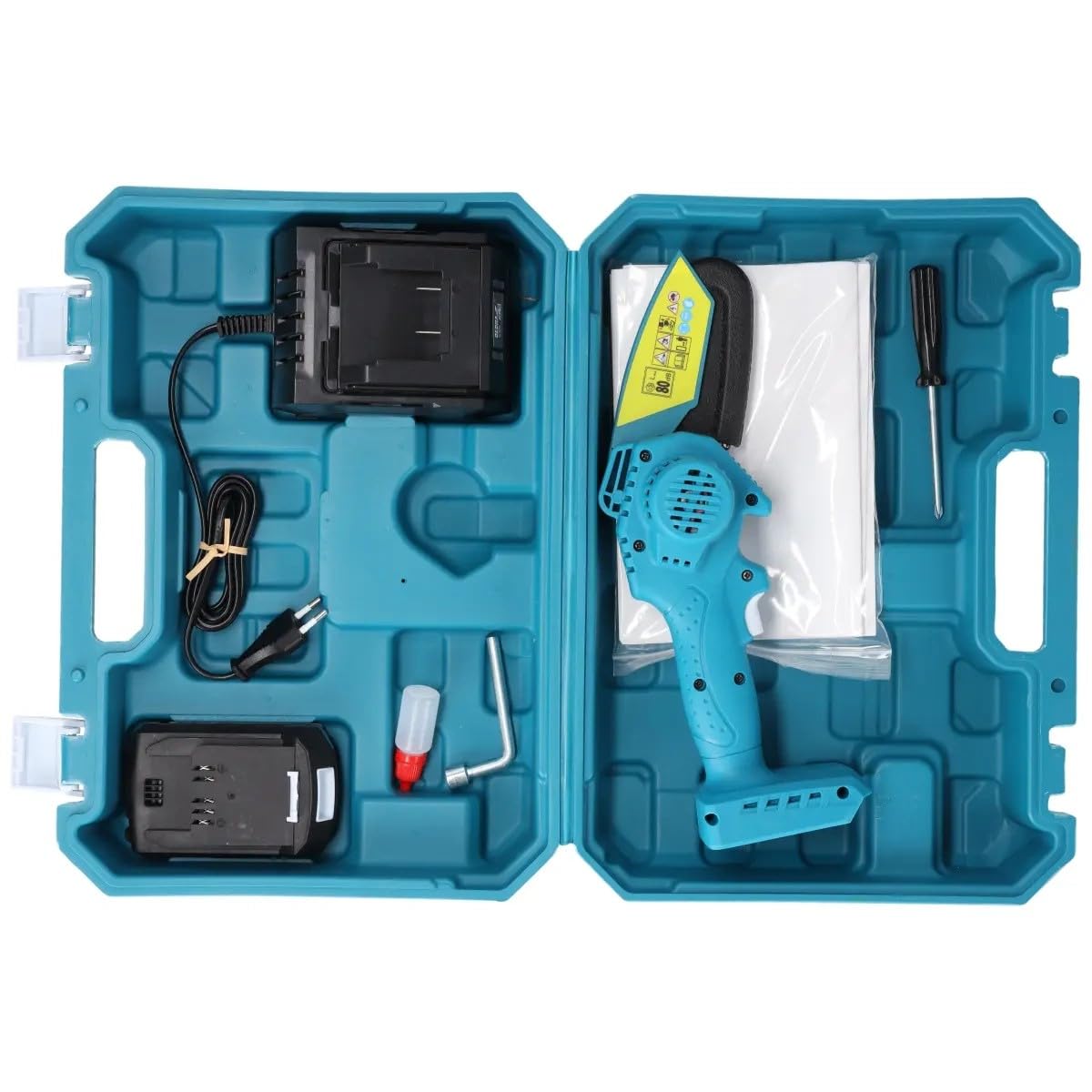 DEDRA Kit de jardin dans un coffret : mini tronçonneuse, batterie 2 Ah et mallette de chargeur, construction ultra légère, dimensions compactes, design ergonomique, fonctionnement sur batterie