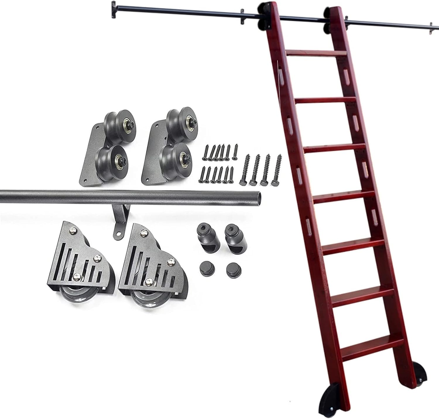 Sliding Ladder Hardware Kit Library Rolling Ladder Hardware (No Ladder),3.3ft-20ft Steel Round Tube Mobile Ladder Rails with Floor Roller Wheels (Size : 3.3ft/100cm Track Kit)