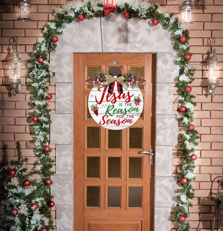 Miniatura 6 de Letrero de pared con corona de Navidad, decoración de puerta delantera, Natividad Jesús es la razón de la temporada, letrero de madera redondo