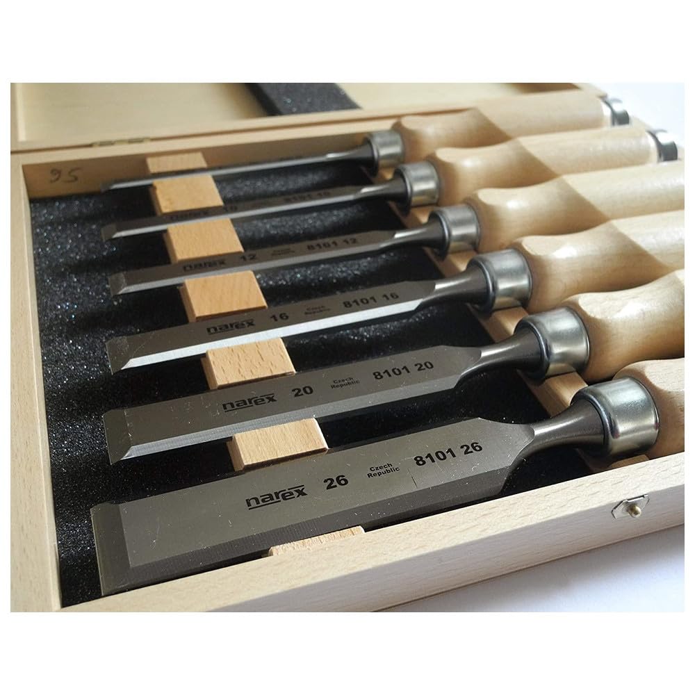 Narex Set di scalpelli a bordo smussato, con manici in legno, in custodia di legno, set da 6 pezzi