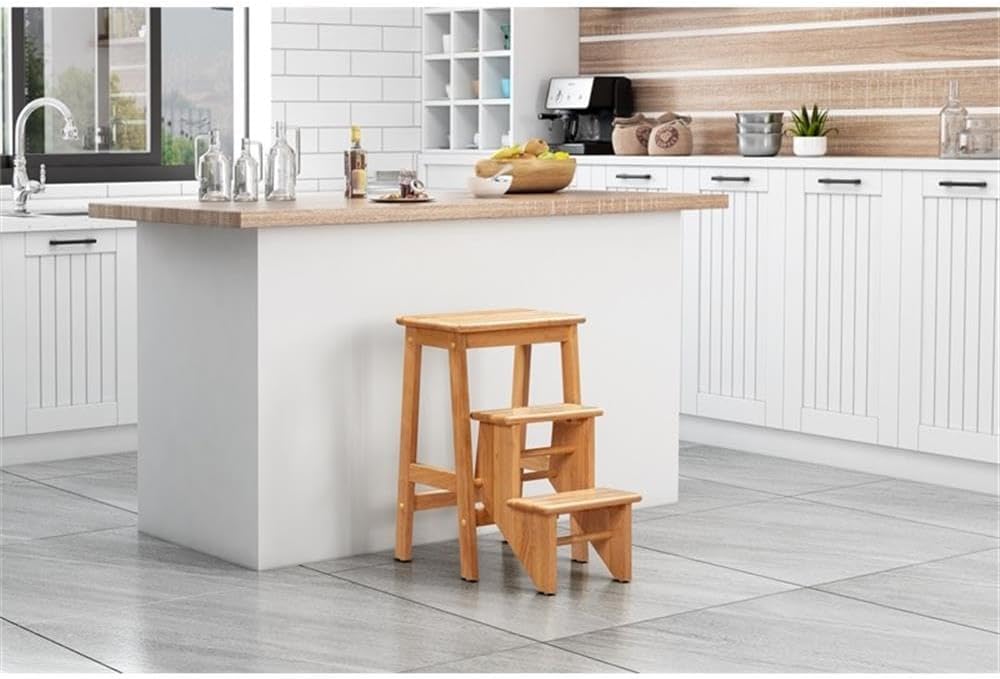 Pemberly Row Folding Wood Step Stool, 16" W x 24.5" H x 22.5" D, Natural Finish, Solid Rubberwood, 3-Step Design, Safety Latch, Protective Floor Glides, 300 lb Capacity, Compact Storage for Home Use