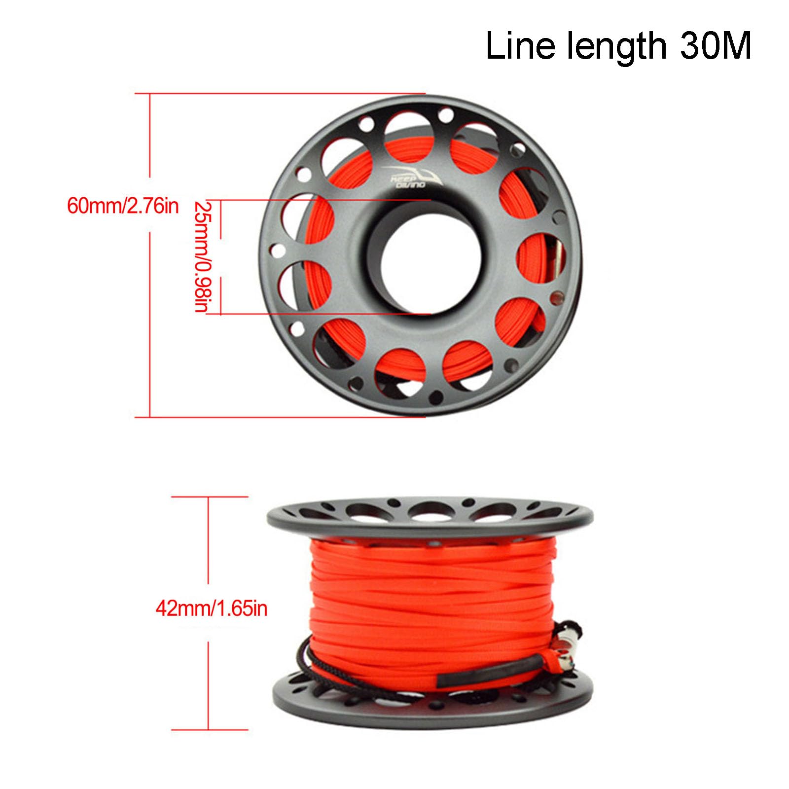Bobine de doigt de 30 m en alliage d'aluminium avec double crochet - Engrenage de plongée en acier inoxydable pour fournitures de plongée sous-marine
